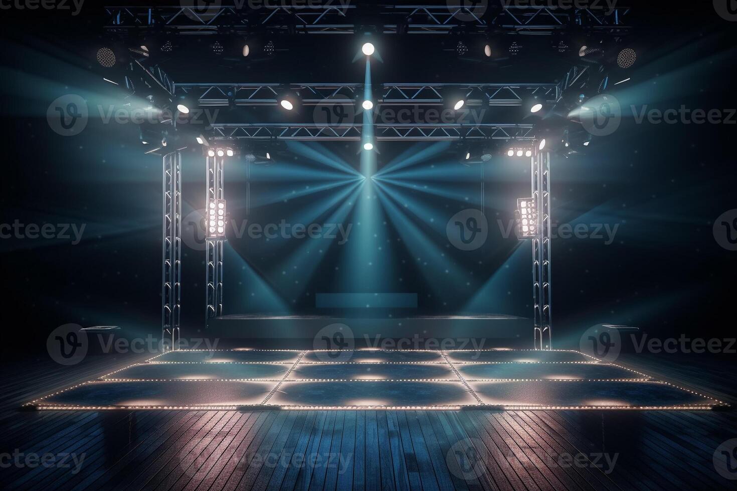 un' foto di un' palcoscenico con luci e un' palcoscenico nel il centro. ai generato