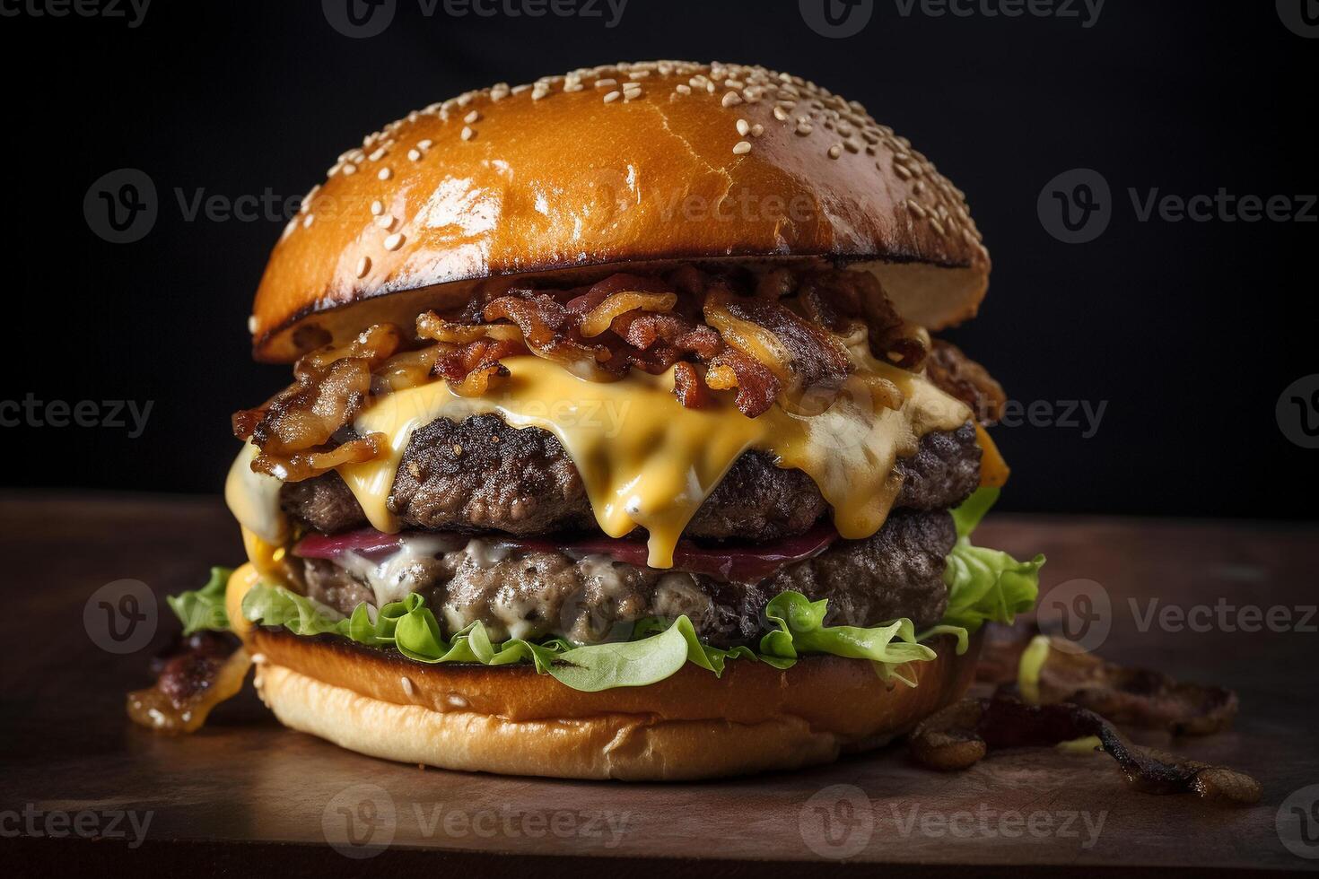 un' hamburger con Bacon e formaggio su esso. ai generato foto