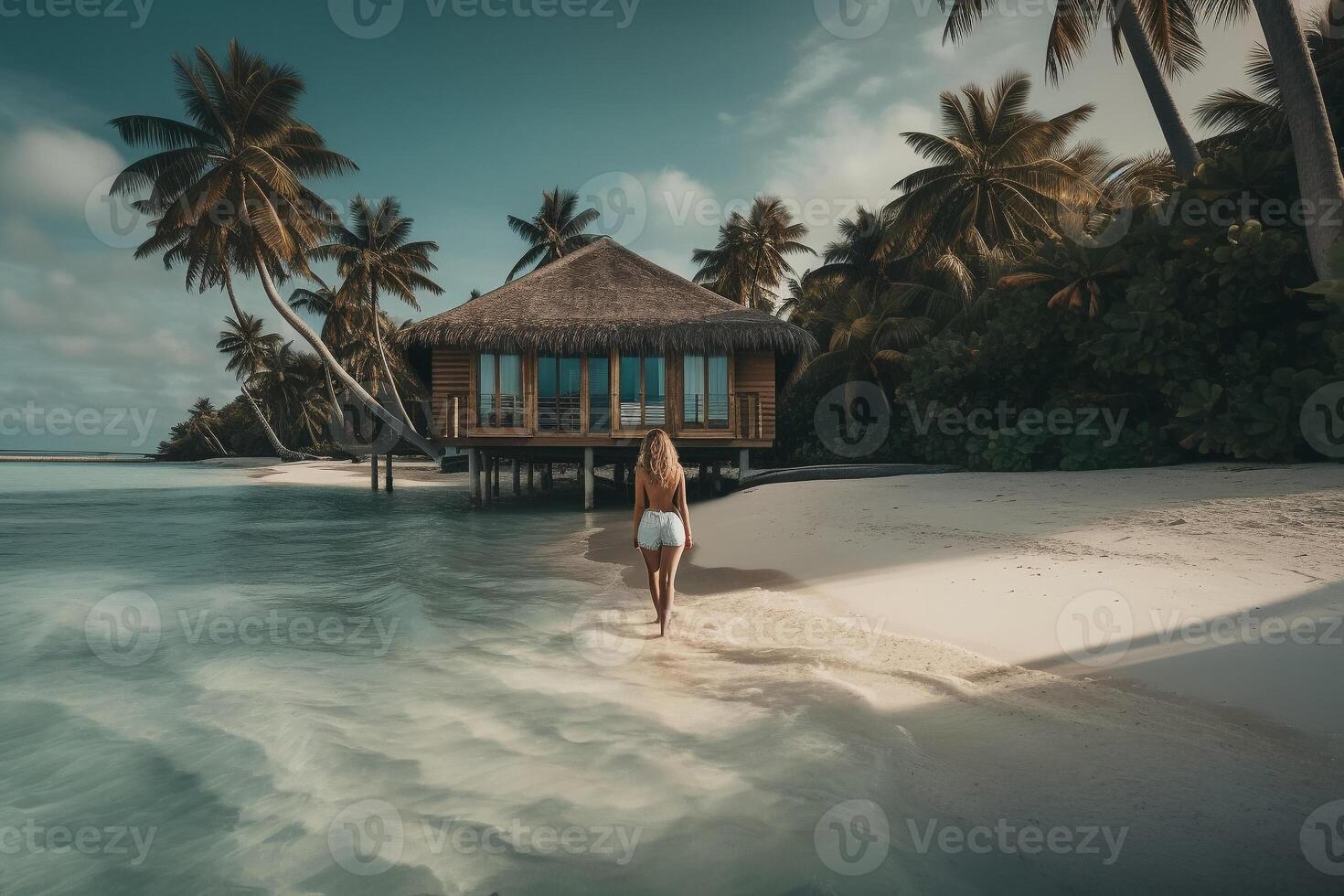 un' donna passeggiate in un' tropicale isola con un' Casa su il acqua.. ai generato foto