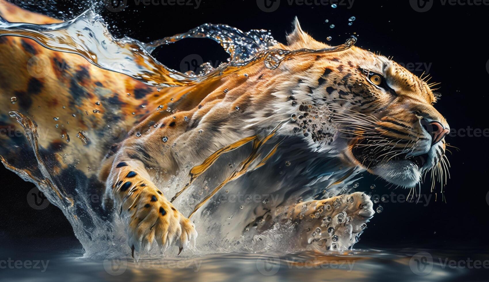 un' tigre spruzzi acqua su un' nero sfondo. ai generato foto