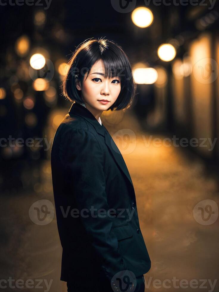 ritratto di bellissimo asiatico donna nel casuale attrezzatura a notte, generativo ai foto