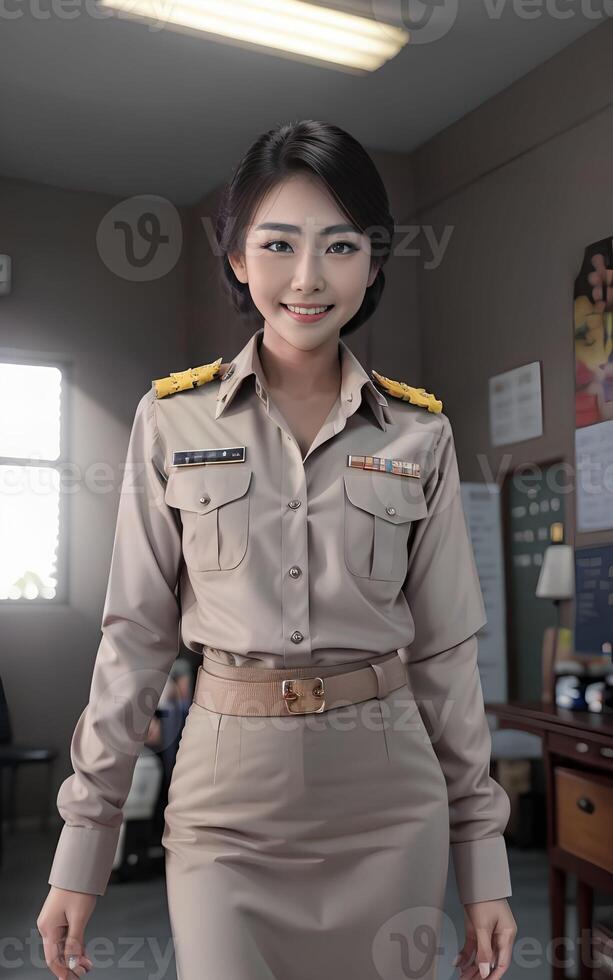 asiatico donna tailandese insegnante a scuola nel cachi completo da uomo uniforme, generativo ai foto