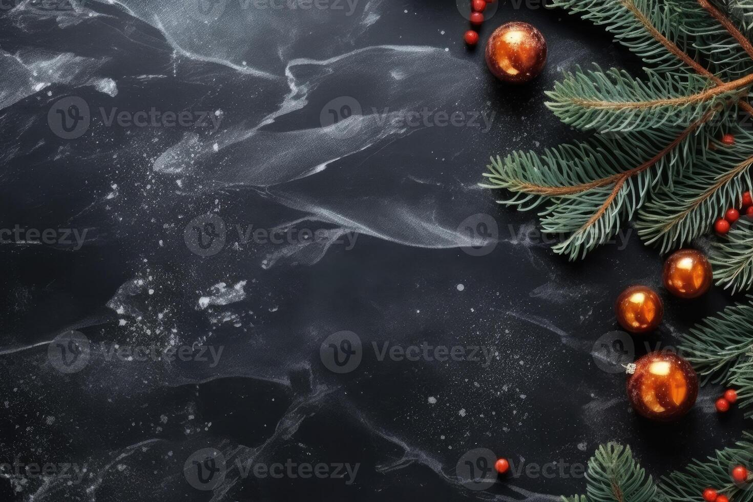 Natale decorazione, Natale luci con abete rami su un' nero strutturato sfondo. generativo ai foto