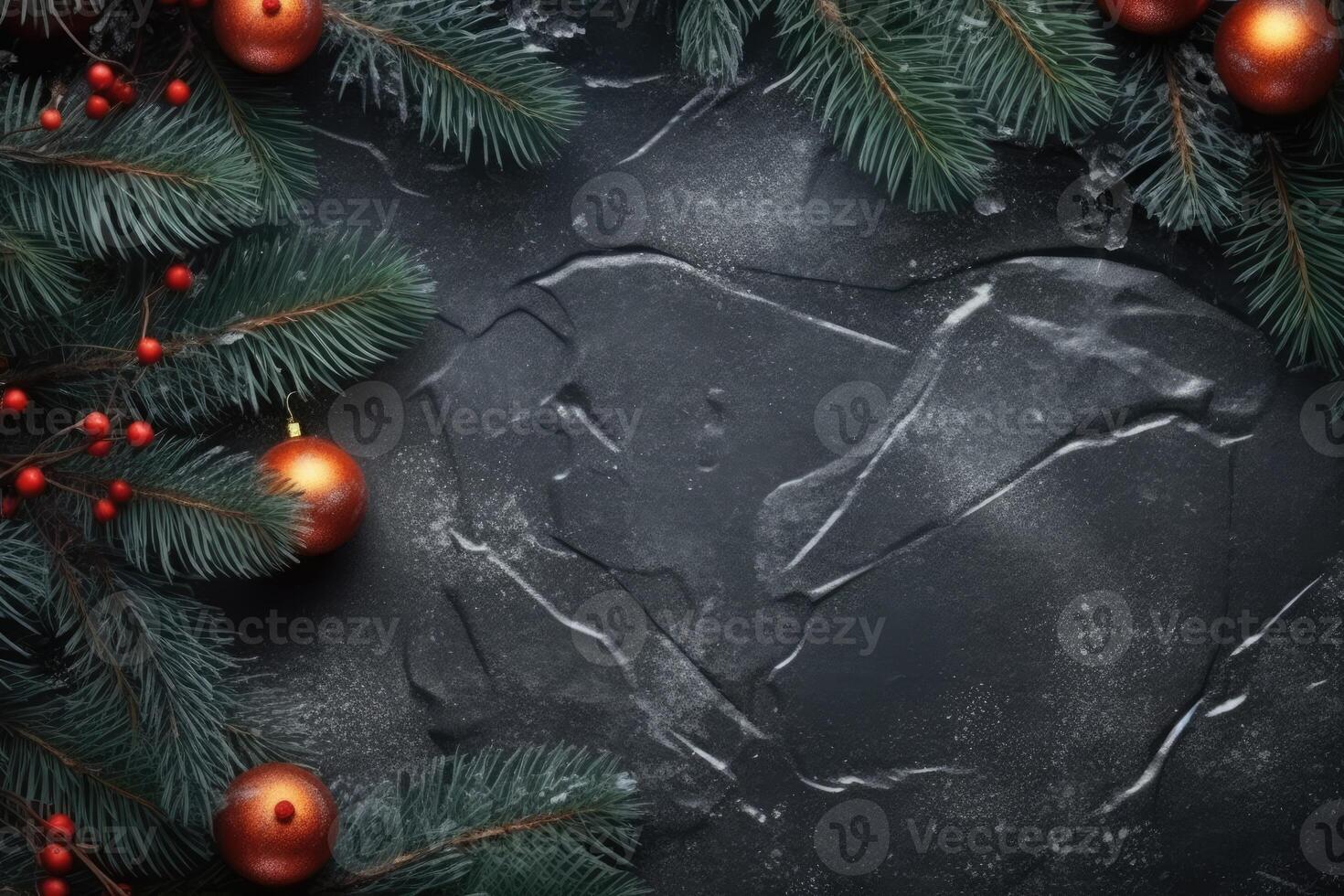 Natale decorazione, Natale luci con abete rami su un' nero strutturato sfondo. generativo ai foto
