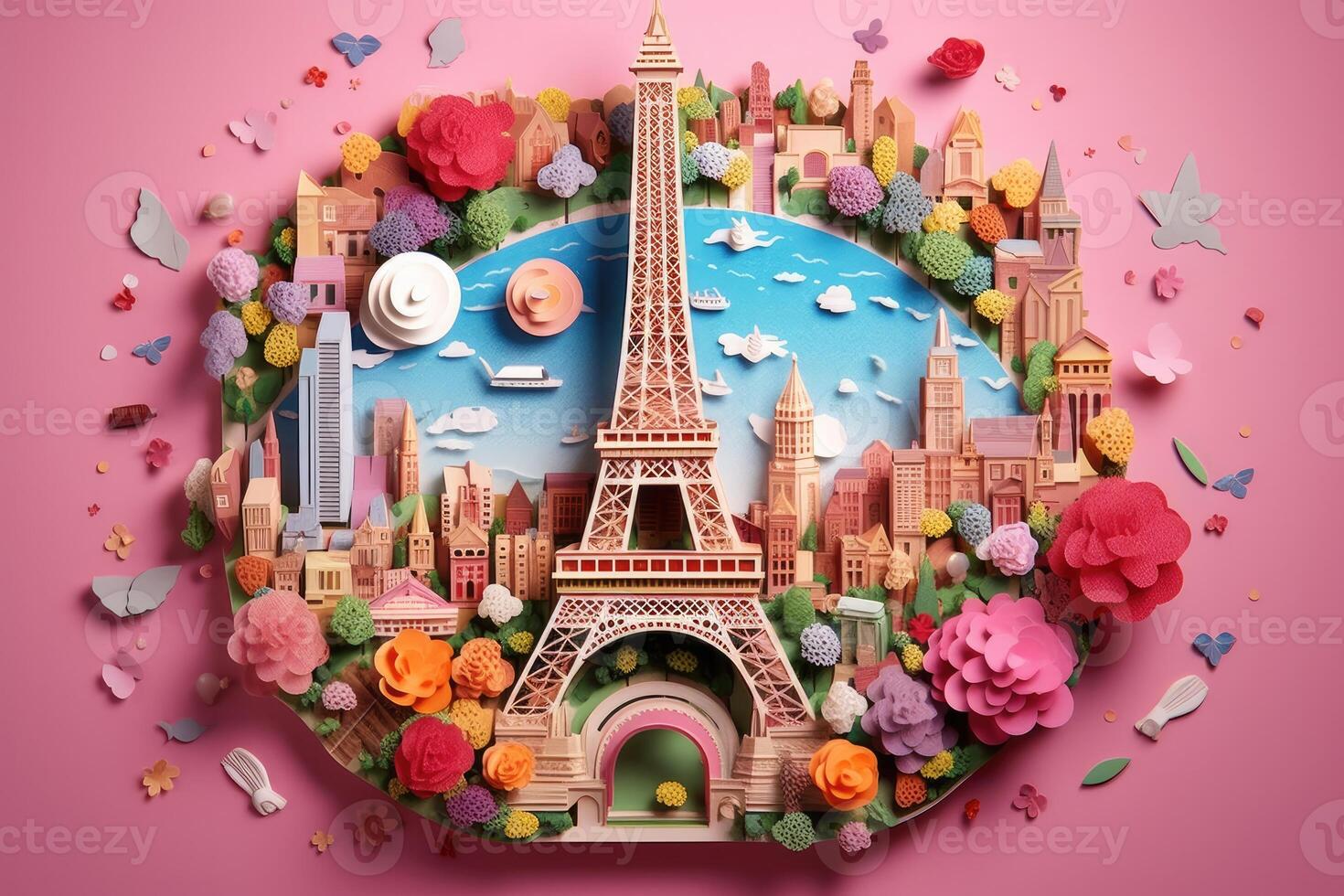 Multi dimensionale carta kirigami mestiere, carta arte, Parigi Francia eiffel Torre illustrazione. generativo ai foto