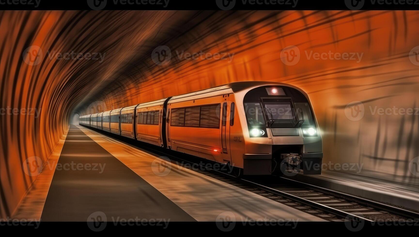 un' treno eccesso di velocità attraverso un' tunnel con movimento. generativo ai foto