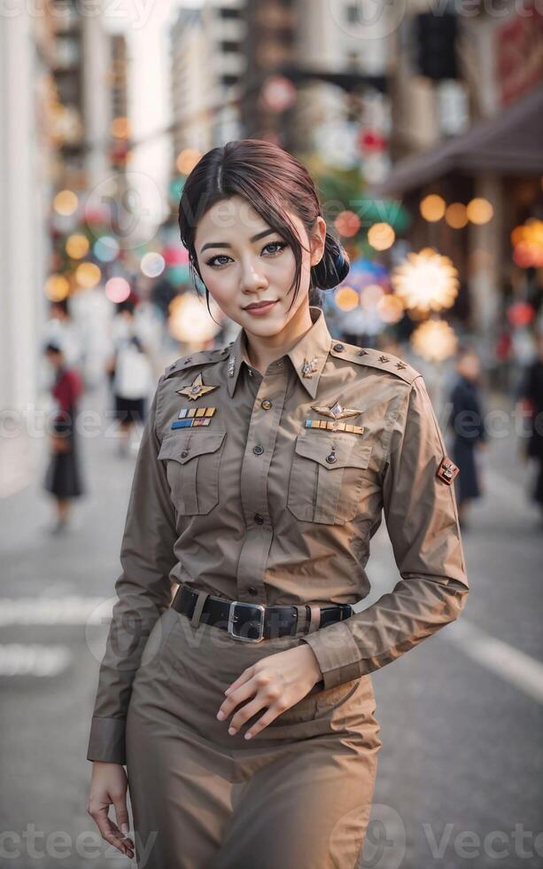 bellissimo asiatico Tailandia polizia donna a strada, generativo ai foto