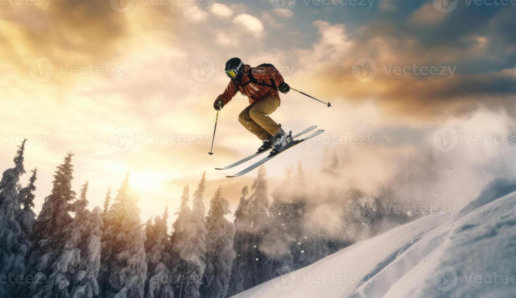 sciatore salto su un' nevoso montagna. generativo ai foto