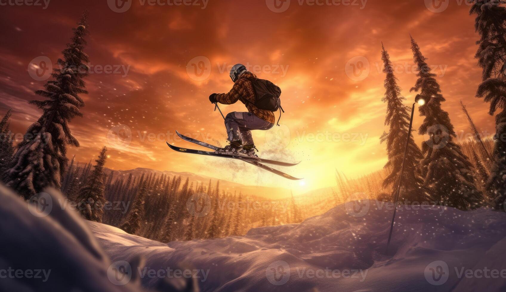 sciatore salto su un' nevoso montagna. generativo ai foto