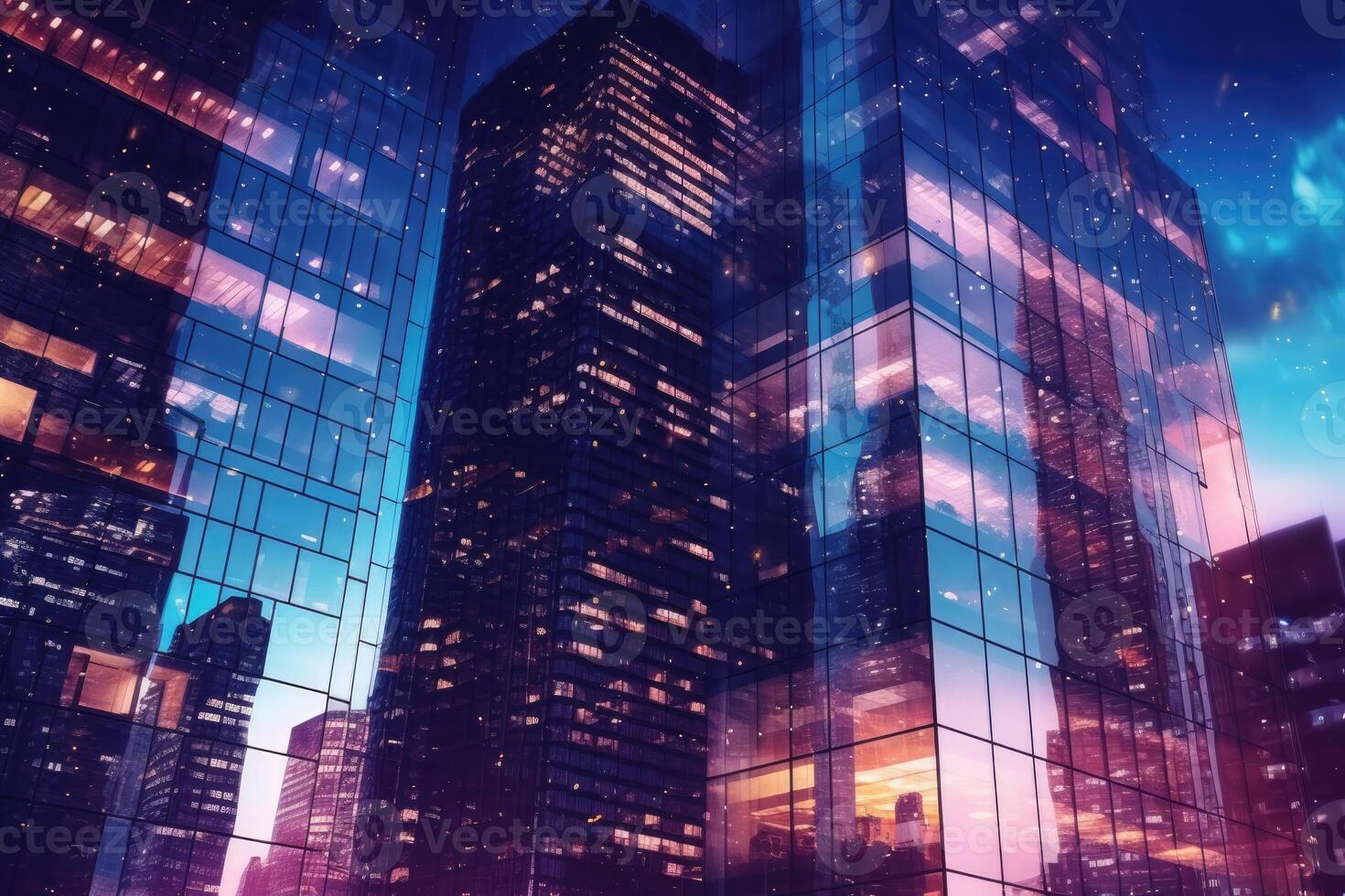 ufficio edifici nel finanziario quartiere con notte luci e cielo riflessa su moderno bicchiere muri di grattacieli. generativo ai foto