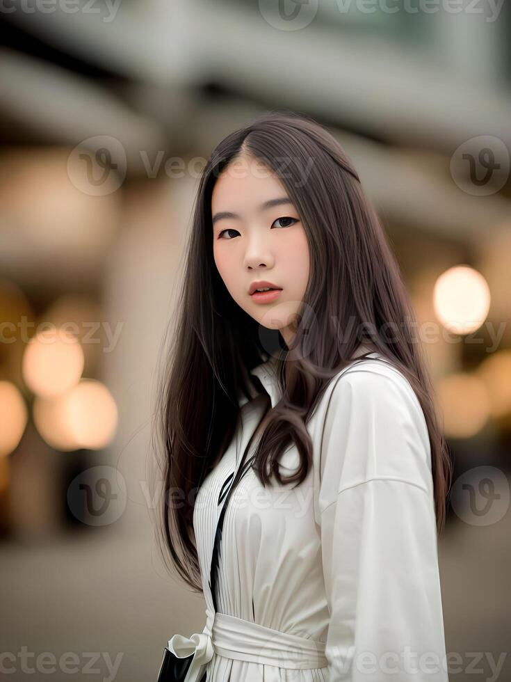 bellissimo adolescenziale asiatico donna spedizione per immagine a il centro commerciale, generativo arte di ai foto