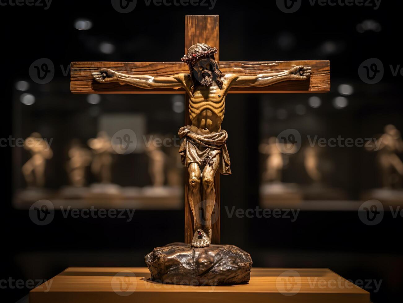 di legno crocifisso, con dettaglio di Gesù Cristo su legna intaglio su nero sfondo. sfondo. ai generato foto