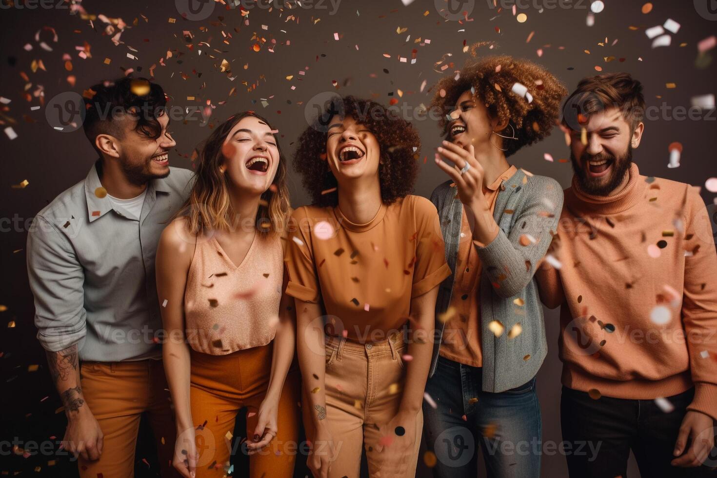 un' gruppo di persone siamo ridendo e avendo coriandoli gettato in giro loro. ai generato foto