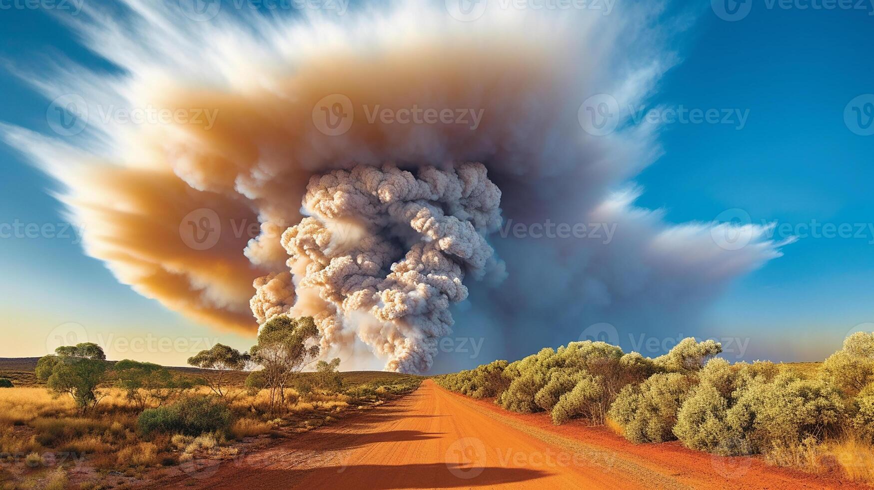 drammatico paesaggio con pesante fuoco e sbuffi di Fumo nel occidentale Australia, incendio boschivo. generativo ai foto