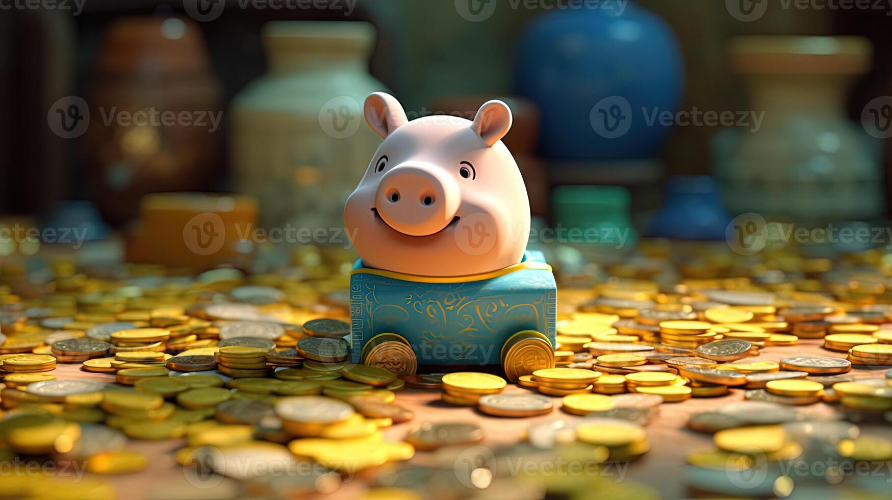 carino coreano porcellino banca circostante d'oro monete con antico pentole a brillante camera. Salvataggio i soldi Tesoro per un' sicuro futuro. generativo ai. foto