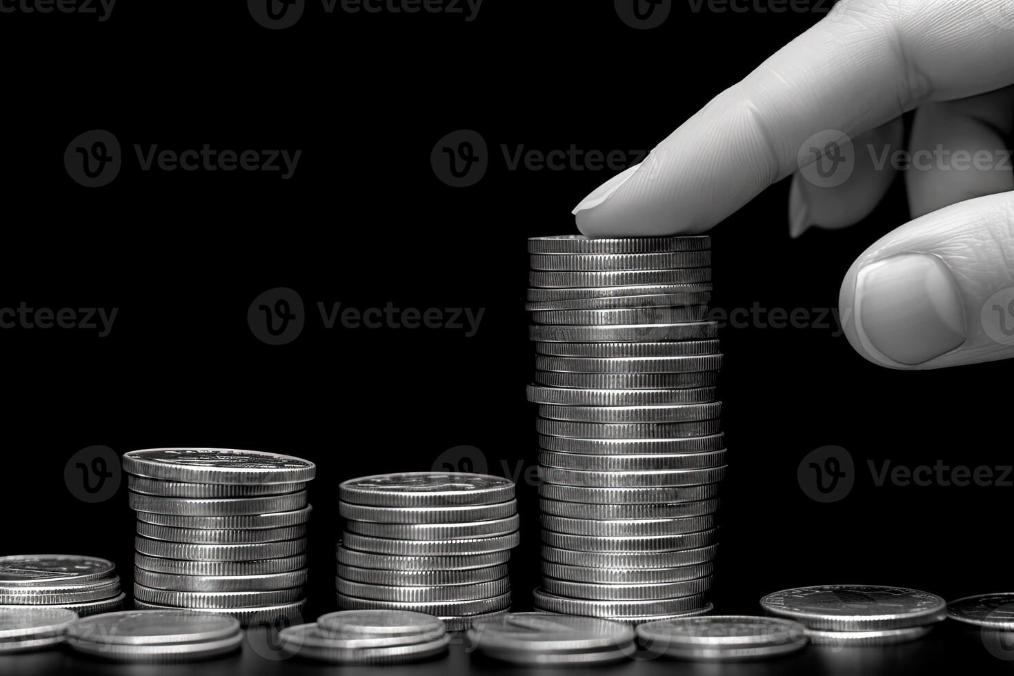un' umano toccante centesimo argento monete pila per Salvataggio o attività commerciale investire concetto. generativo ai. foto