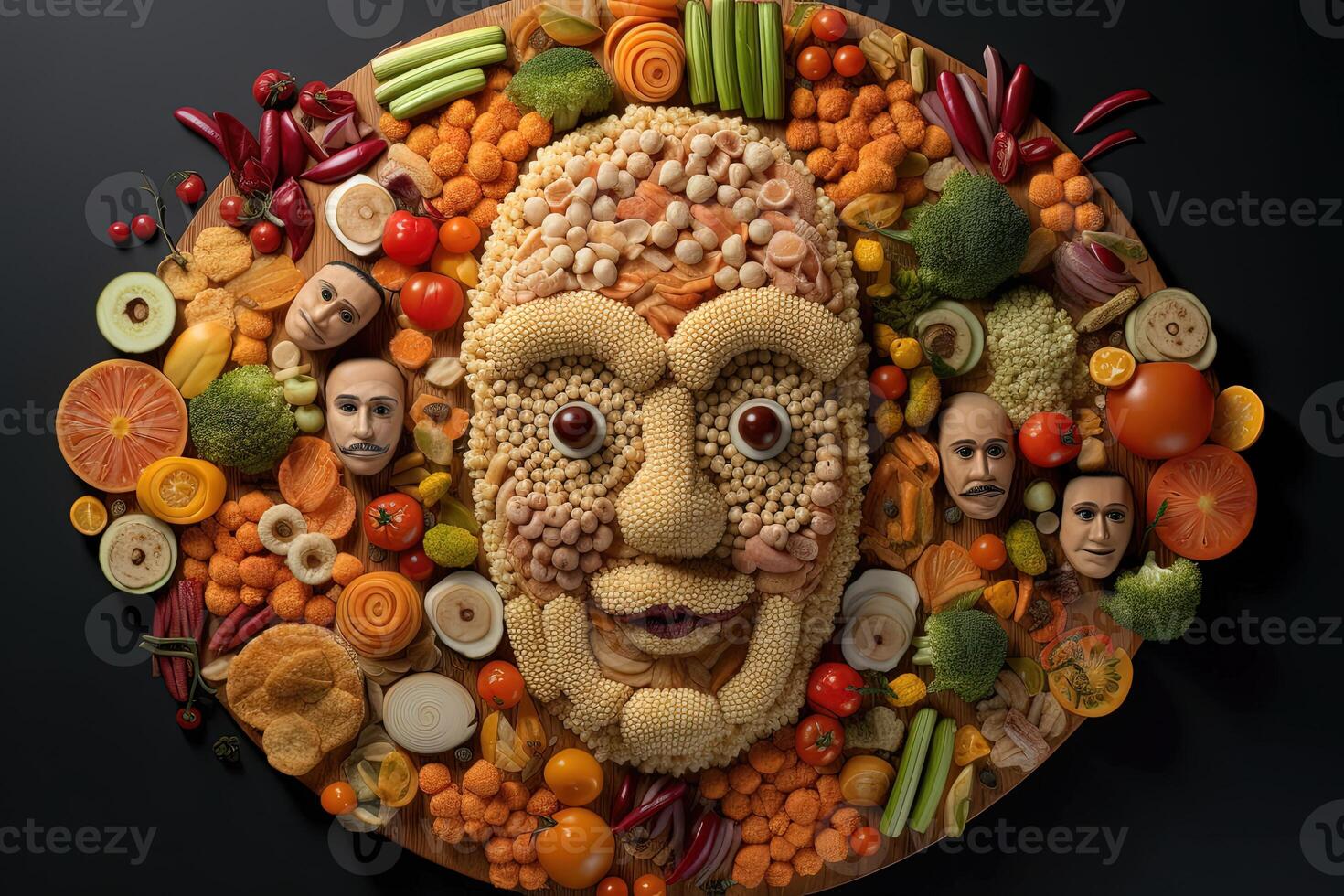 un' mazzo di diverso genere cibo formatura un' migliorata viso creativo. generativo ai. foto