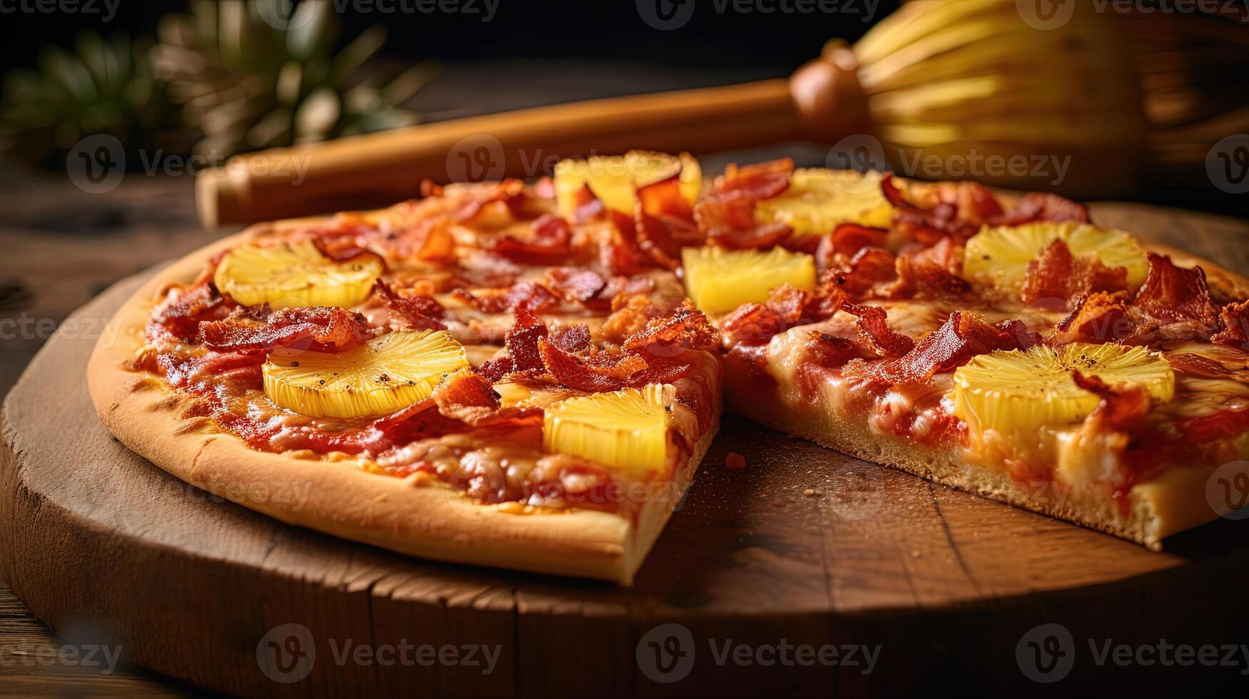 delizioso Pizza con ananas, Bacon fetta, Mozzarella formaggio, salsa su di legno sfondo per veloce cibo e pronto per mangiare concetto. generativo ai. foto