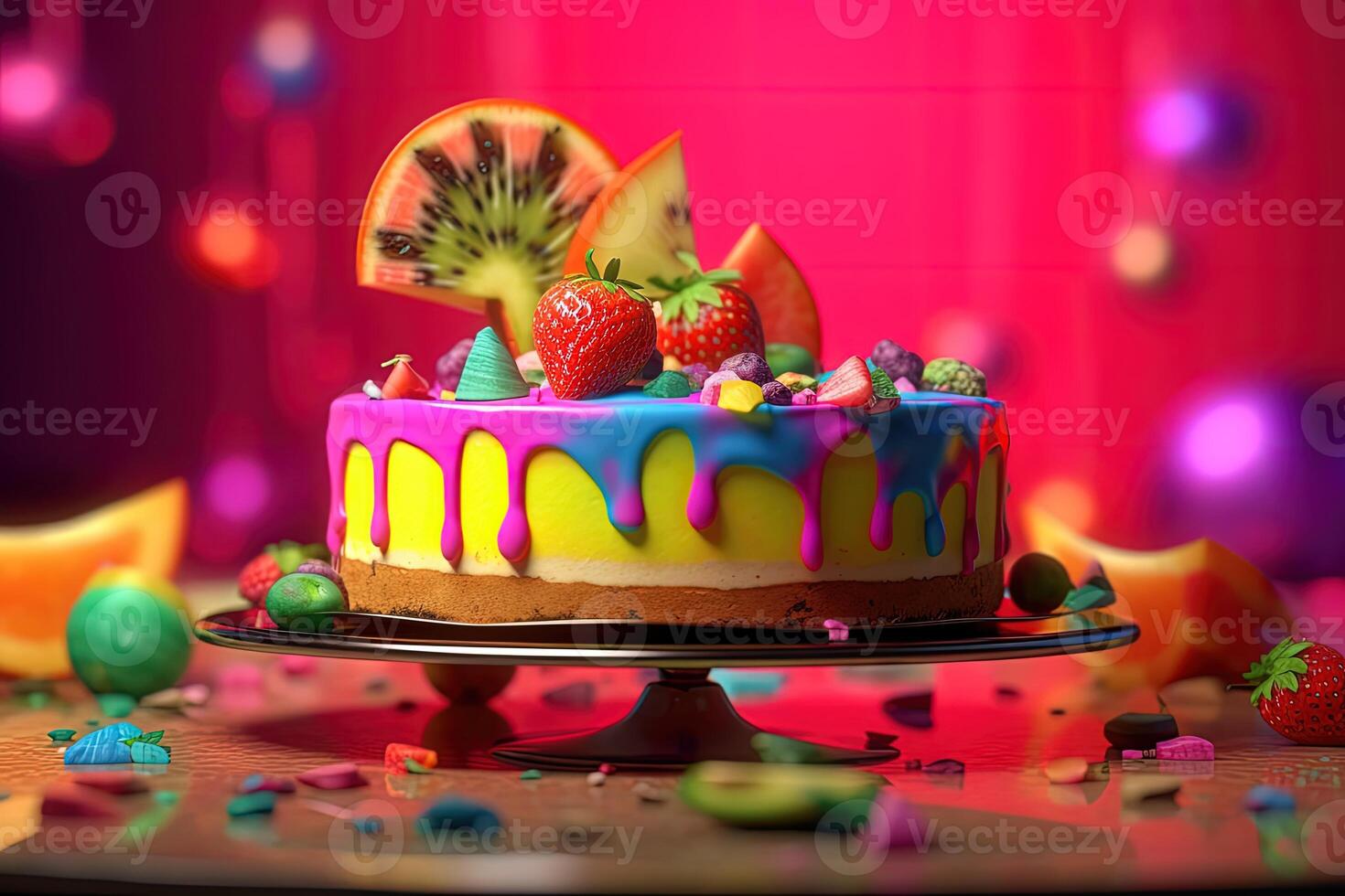 bellissimo torta decorato con frutta su vassoio per qualunque celebrazione, generativo ai. foto