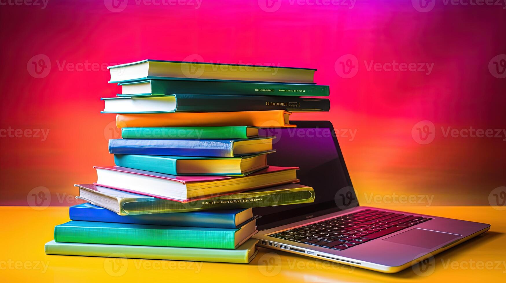pila di libri con un' il computer portatile su vivace colori sfondo. in linea studia concetto. generativo ai tecnologia. foto