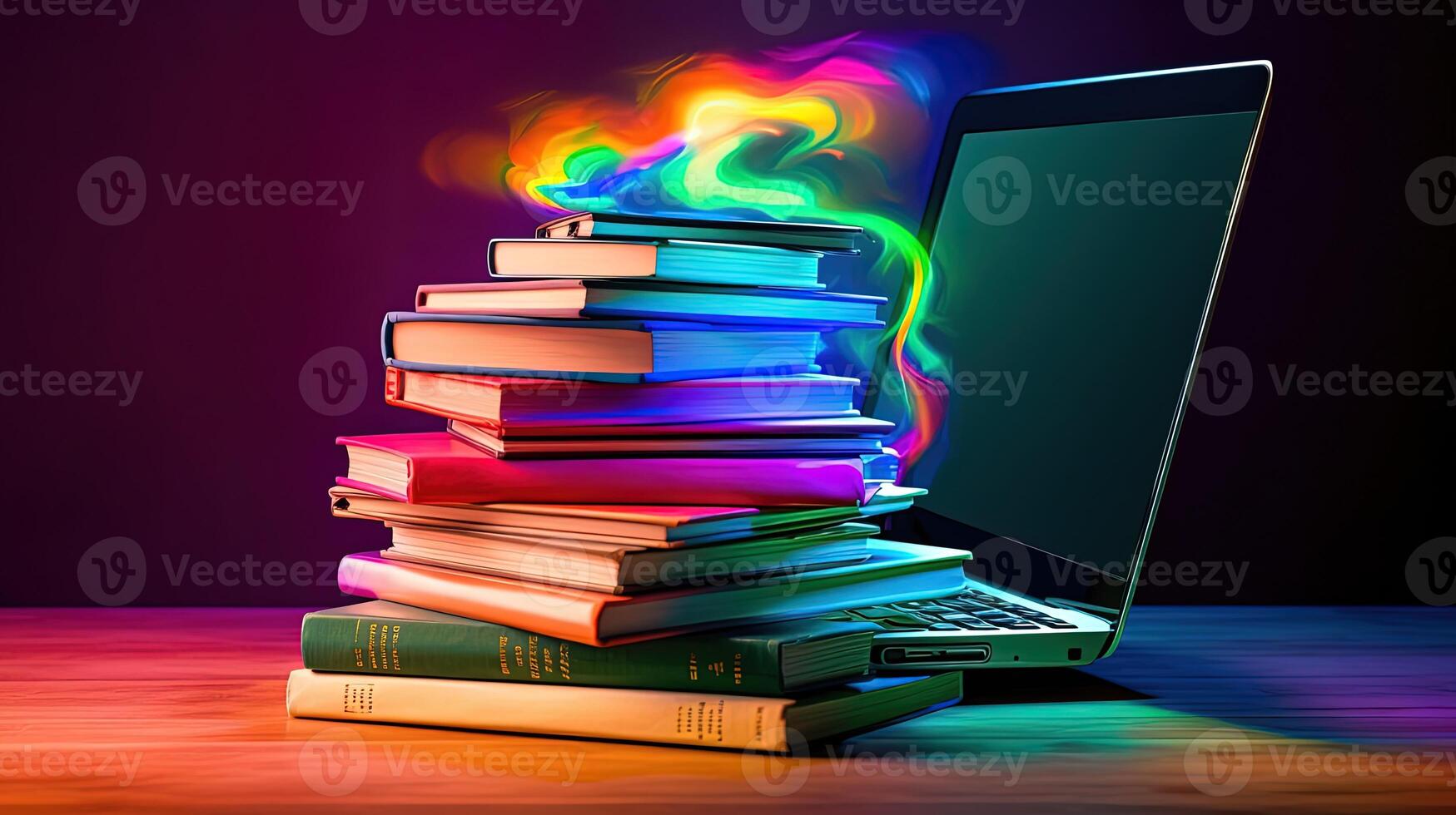 brillante colorato pila di libri seduta su superiore di il computer portatile a scrivania illustrazione. e-learning concetto. generativo ai tecnologia. foto