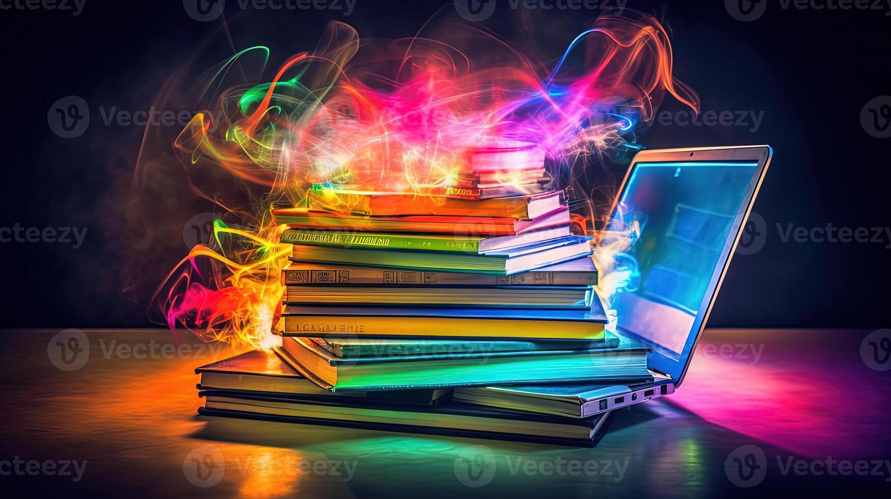 brillante colorato pila di libri seduta su superiore di il computer portatile a scrivania illustrazione. e-learning concetto. generativo ai tecnologia. foto