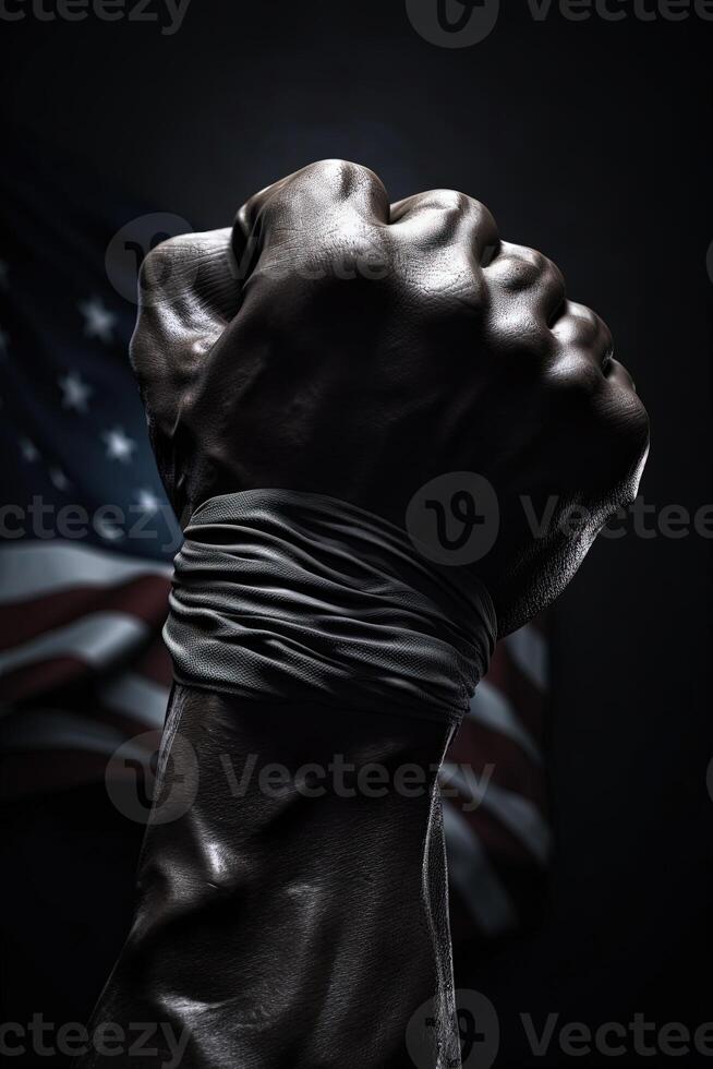 avvicinamento fotografia di raccolta umano cazzotto con Stati Uniti d'America nazionale bandiera su buio sfondo, concetto di protesta resistenza, in piedi su per credenze combattente e giustizia. generativo ai. foto