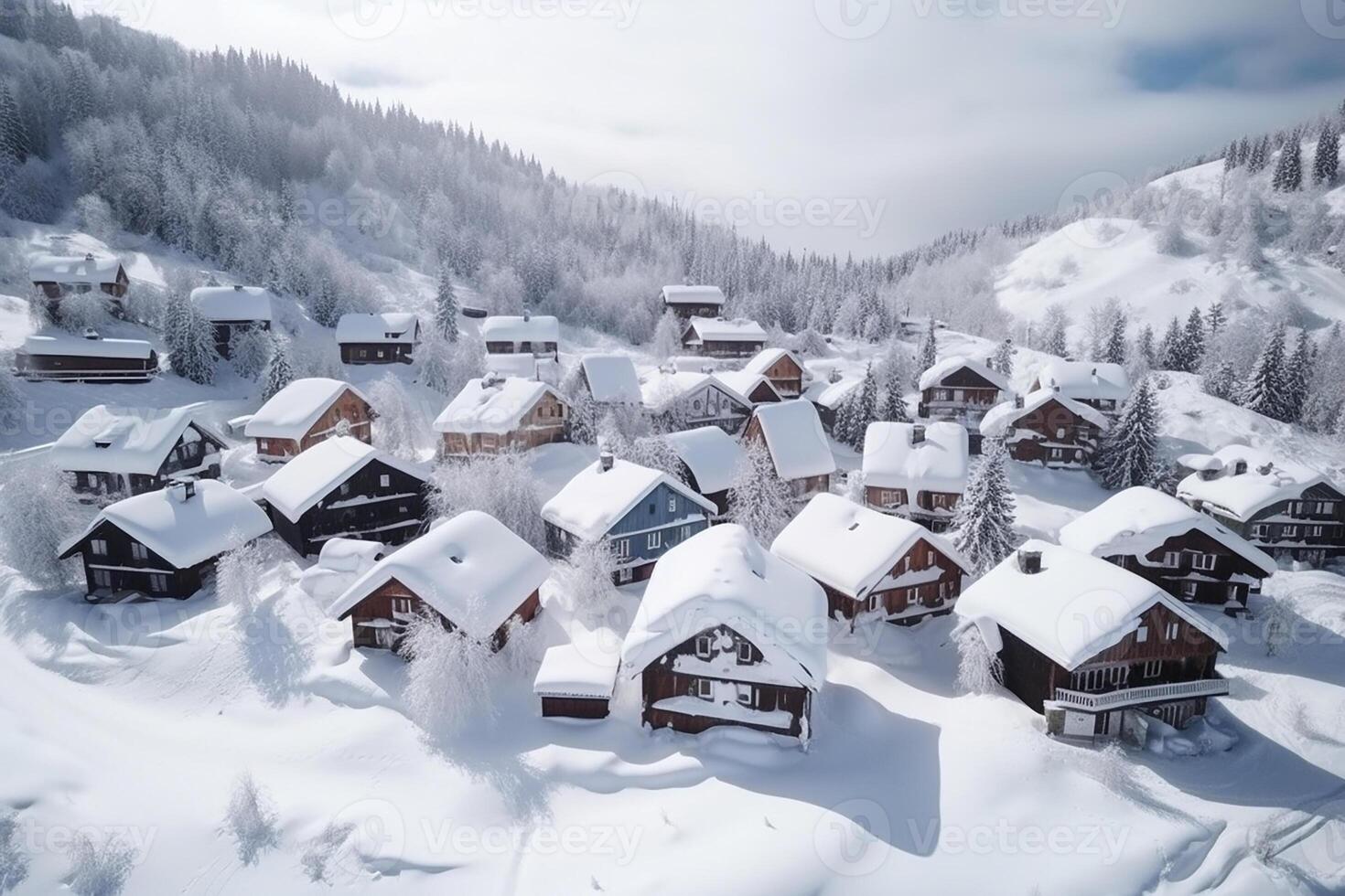 sciare ricorrere, montagna sciare Hotel sotto il neve, tiro a partire dal un' drone. generativo ai foto