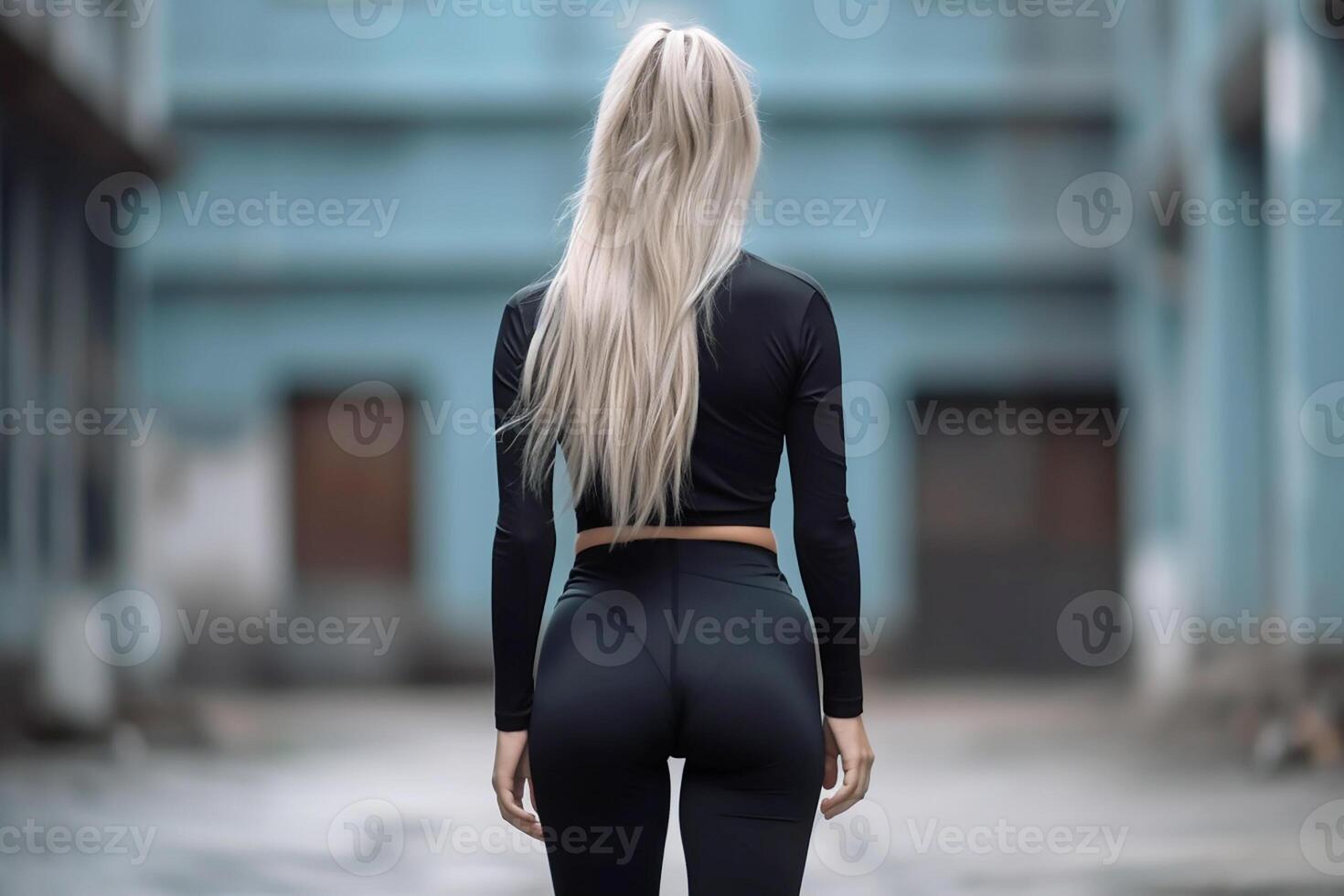 sportivo atletico ragazza nel ghette, posteriore Visualizza. generativo ai foto
