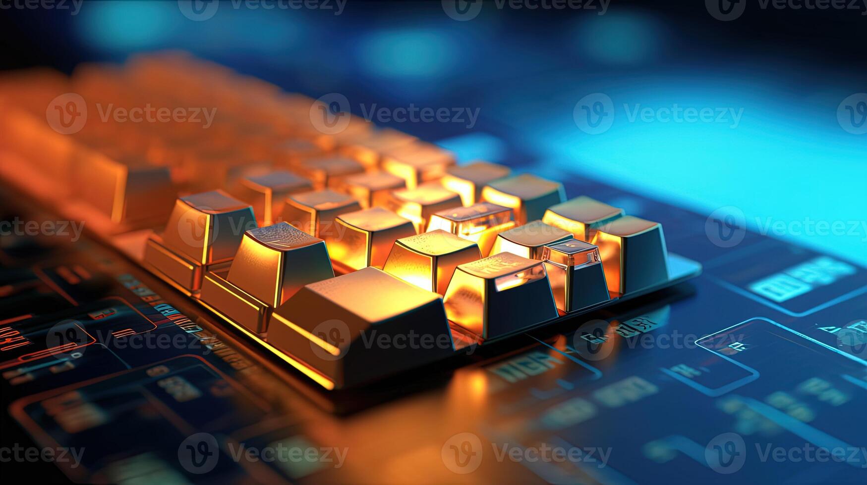 un' illuminazione meccanico carta riposa nel computer tastiera a buio sfondo, alto qualità tecnologia generativo ai. foto