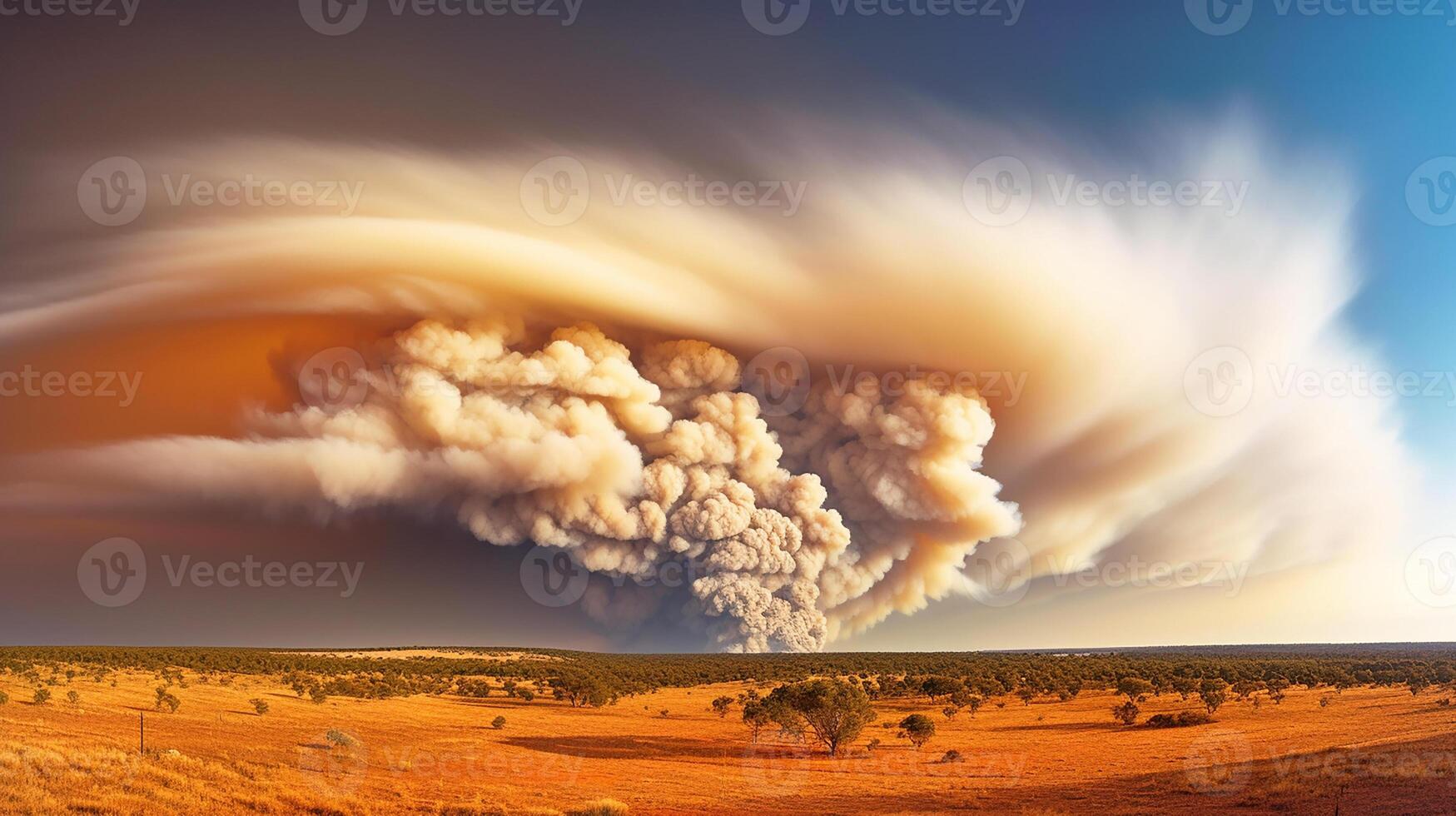 drammatico paesaggio con pesante fuoco e sbuffi di Fumo nel occidentale Australia, incendio boschivo. generativo ai foto