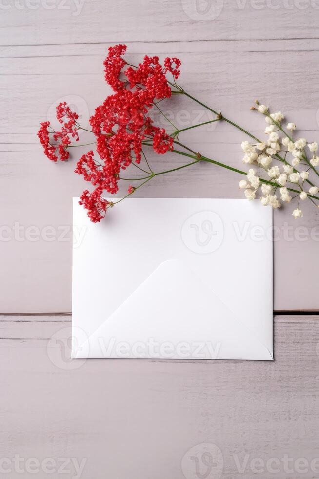 superiore Visualizza di bianca saluto carta, Busta modello, rosso frutti di bosco e minuscolo floreale rami su di legno tavolo, generativo ai. foto