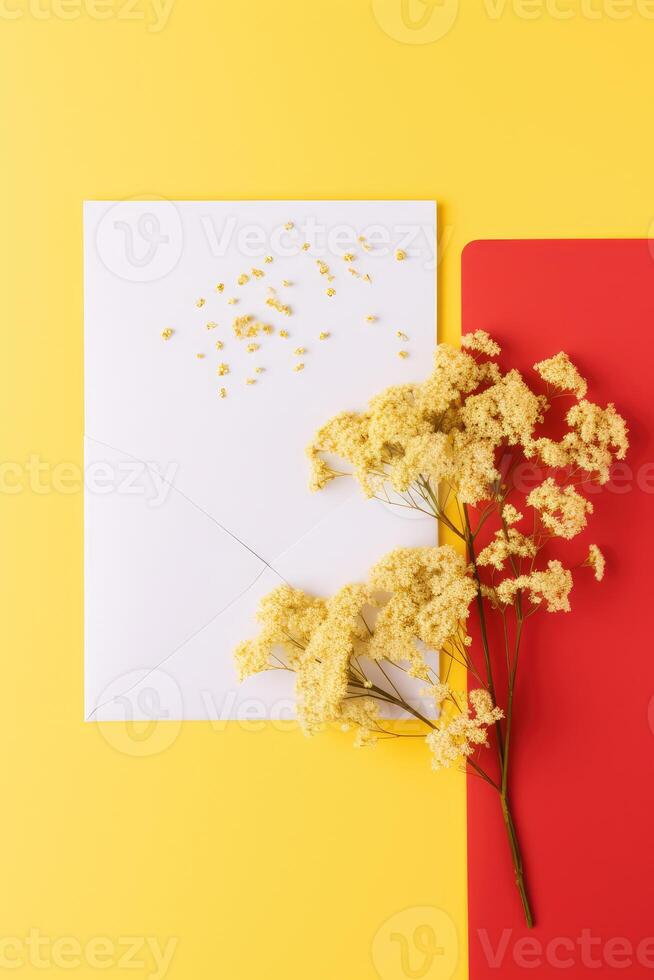 saluto carta, Busta modello e secco gypsophila fiore ramo su giallo sfondo, generativo ai. foto