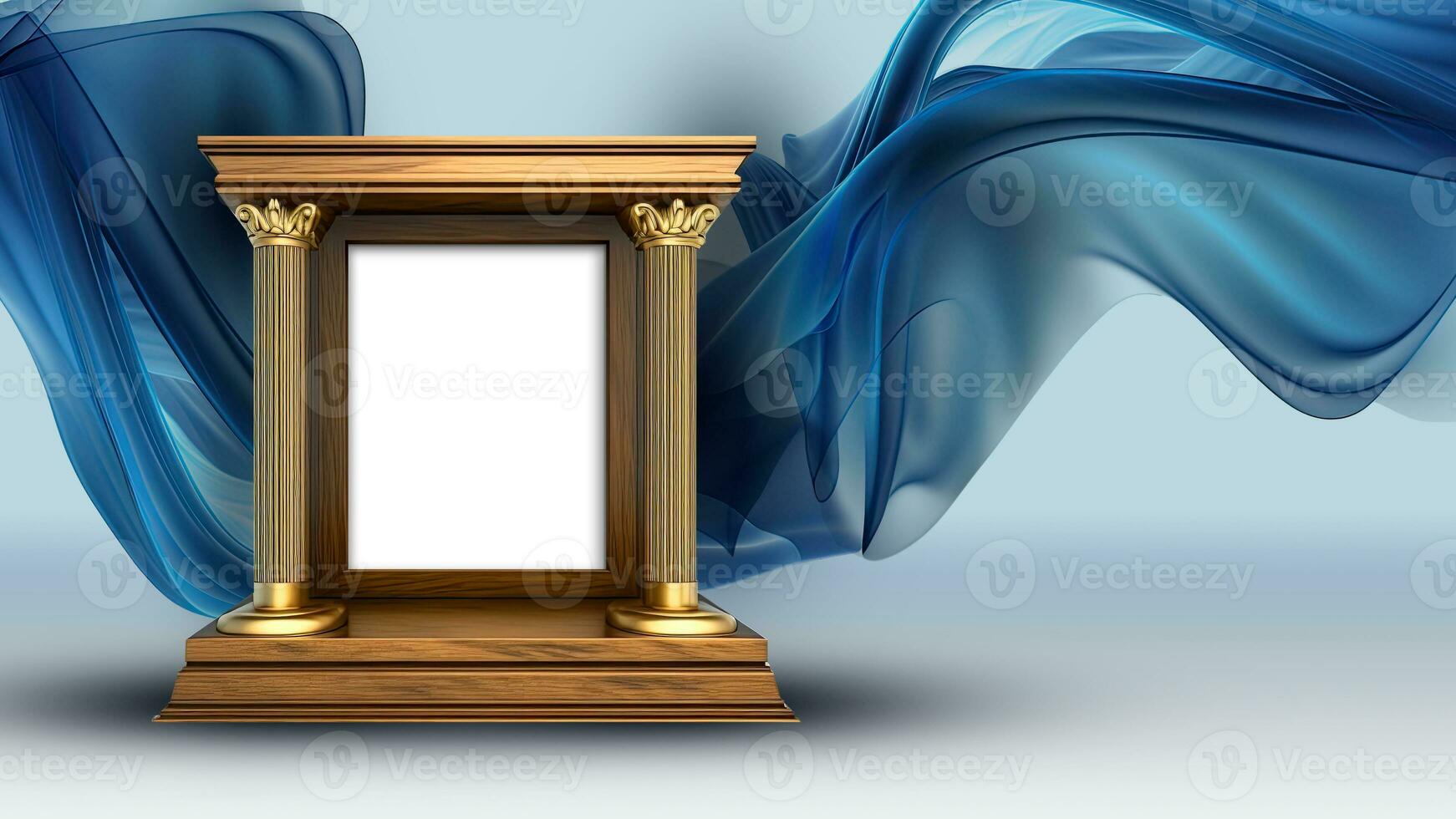 3d rendere di d'oro classico arco palcoscenico modello su blu galleggiante seta tessuto sfondo. foto