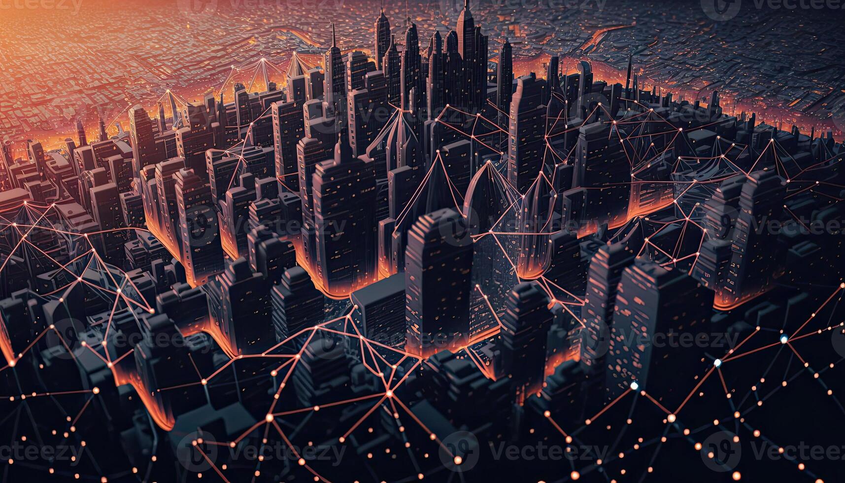 futuristico città collegato di invisibile Internet collegamenti. panorama aereo Visualizza di inteligente città, connettività concetto. generativo ai. foto