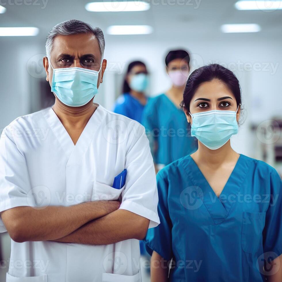ritratto di medio anziano maschio e femmina medico indossare maschere mentre in piedi insieme nel corridoio di Ospedale, generativo ai. foto
