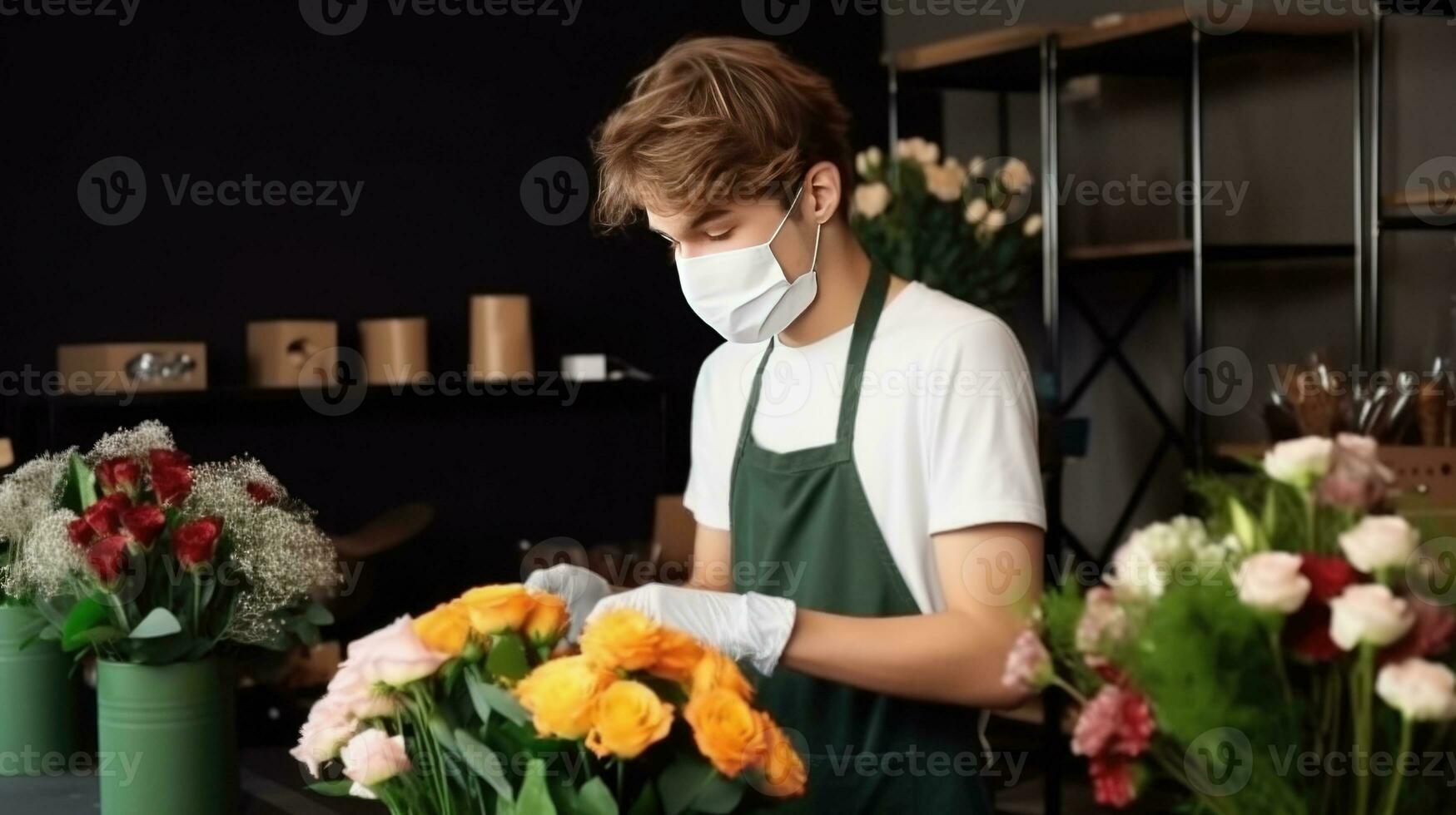 ritratto di americano fioraio adolescenziale ragazzo indossare maschera nel il suo floreale negozio, generativo ai. foto