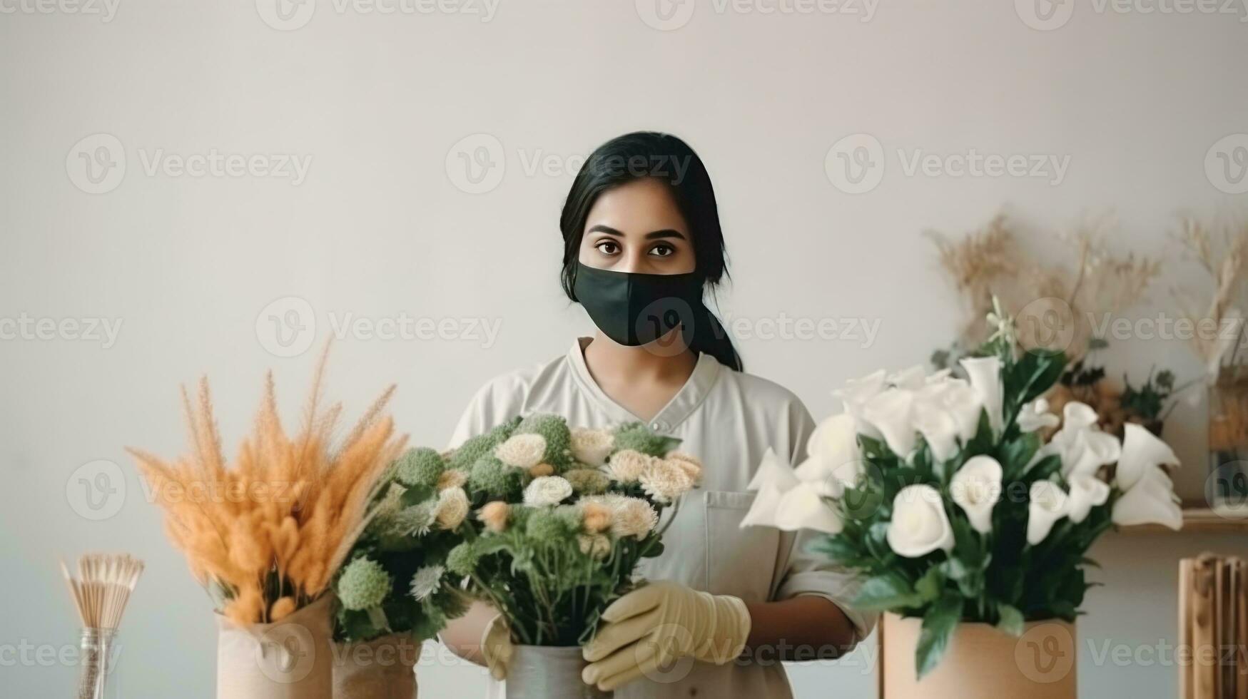 ritratto di attraente indiano femmina fioraio indossare maschera e Tenere bellissimo mazzo nel sua negozio, generativo ai. foto