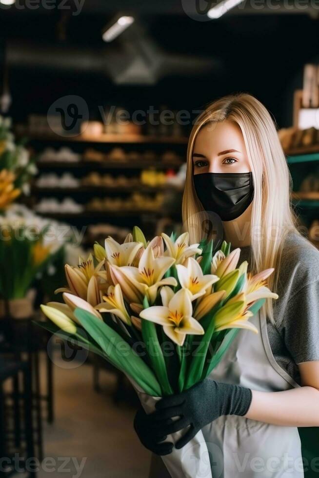 ritratto di attraente femmina fioraio indossare maschera e bellissimo gigli mazzo nel sua negozio. generativo ai. foto