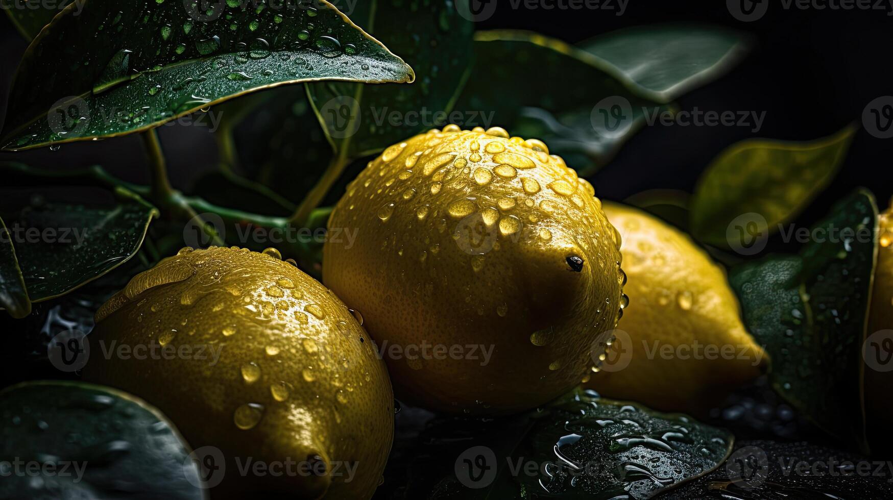 un' travolgente fotografia quello evidenziare unico sfondo avvicinamento di fresco Limone con le foglie e acqua goccioline, creato di generativo ai tecnologia. foto