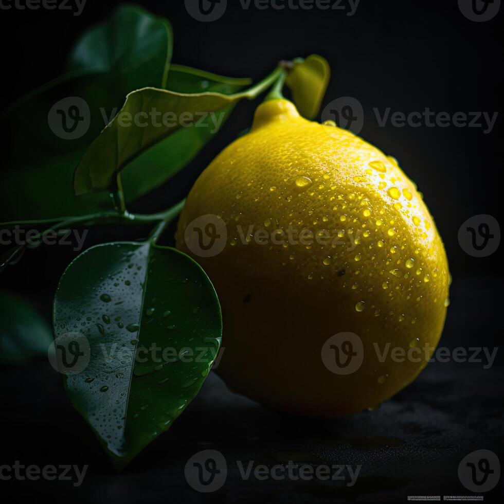 Impressionante fotografia di succoso Limone con acqua gocce su buio sfondo, generativo ai. foto