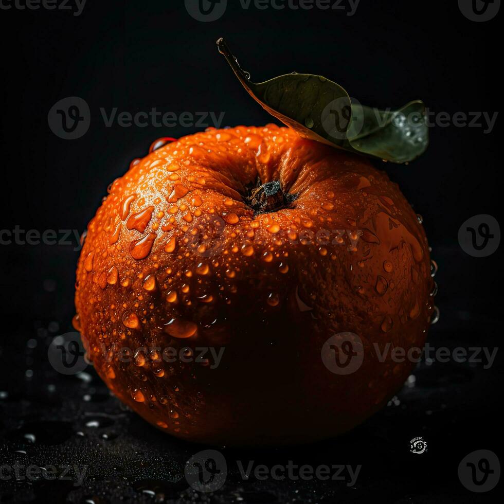 Impressionante fotografia di succoso arancia con acqua gocce su buio sfondo, generativo ai. foto