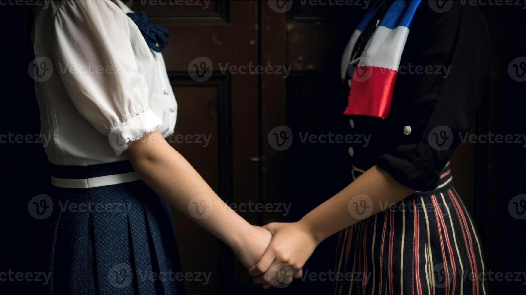 amichevole o casuale stretta di mano fra Francia donne nel loro tradizionale abbigliamenti. generativo ai. foto