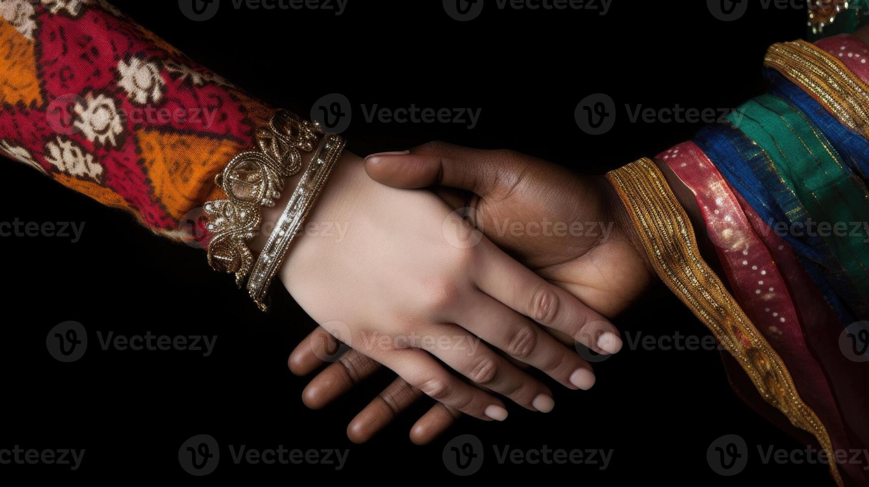 amichevole o casuale stretta di mano fra multiculturale asiatico donne nel loro tradizionale abbigliamenti. generativo ai. foto