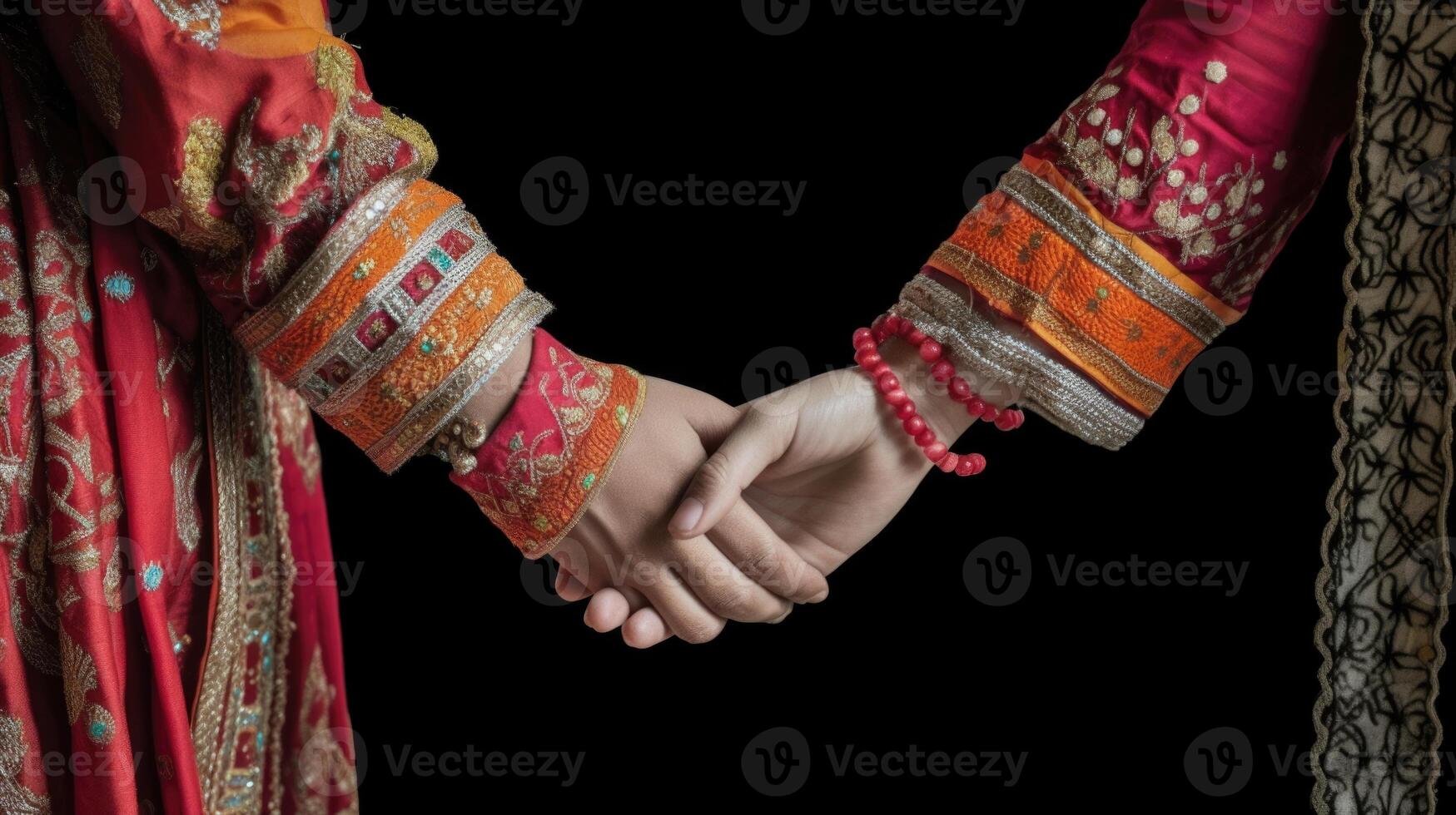 amichevole o casuale stretta di mano fra arabo culturale donne nel loro tradizionale abbigliamenti. generativo ai. foto