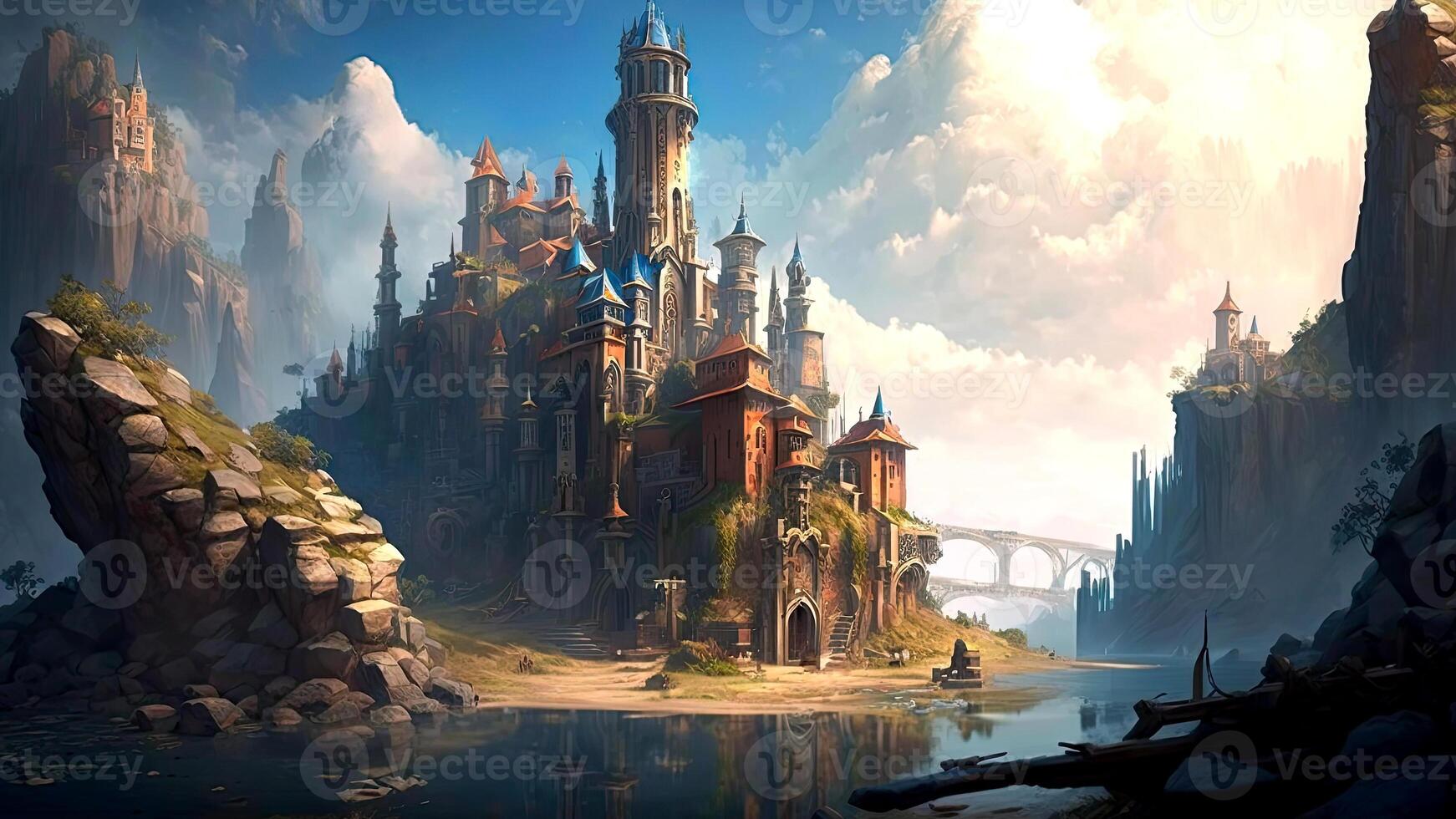 iper realistico di massiccio fantasia città paesaggio con gigante orizzonte castello e montagna. ai generato illustrazione. foto