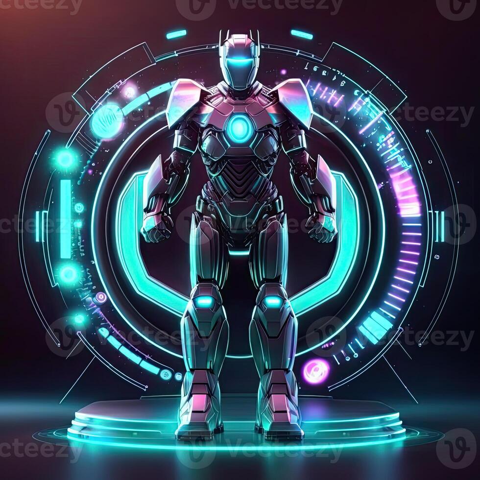 robot , neon High Tech concetto, gli sport gioco di cyberpunk scienza finzione, un' scena In piedi piedistallo palcoscenico, illustrazione, e futuristico neon incandescenza. generativo ai foto