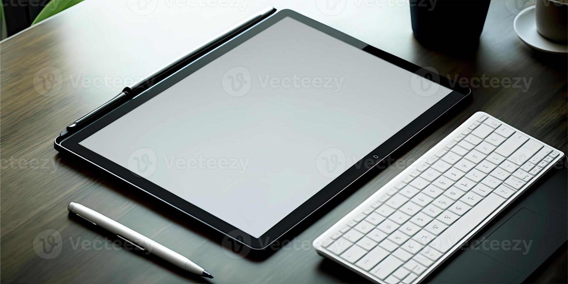 digitale tavoletta, vuoto schermo finto su, penna e tastiera su brillante di legno tavolo. generativo ai foto