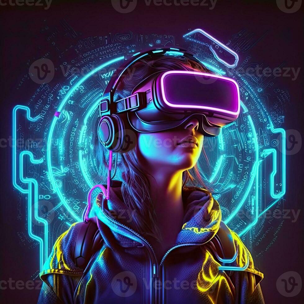 futuristico donna nel virtuale la realtà bicchieri su il sfondo di un' neon città. ciberpunk, retroonda, onda sintetica, alto definizione, arte, generativo artificiale intelligenza. foto