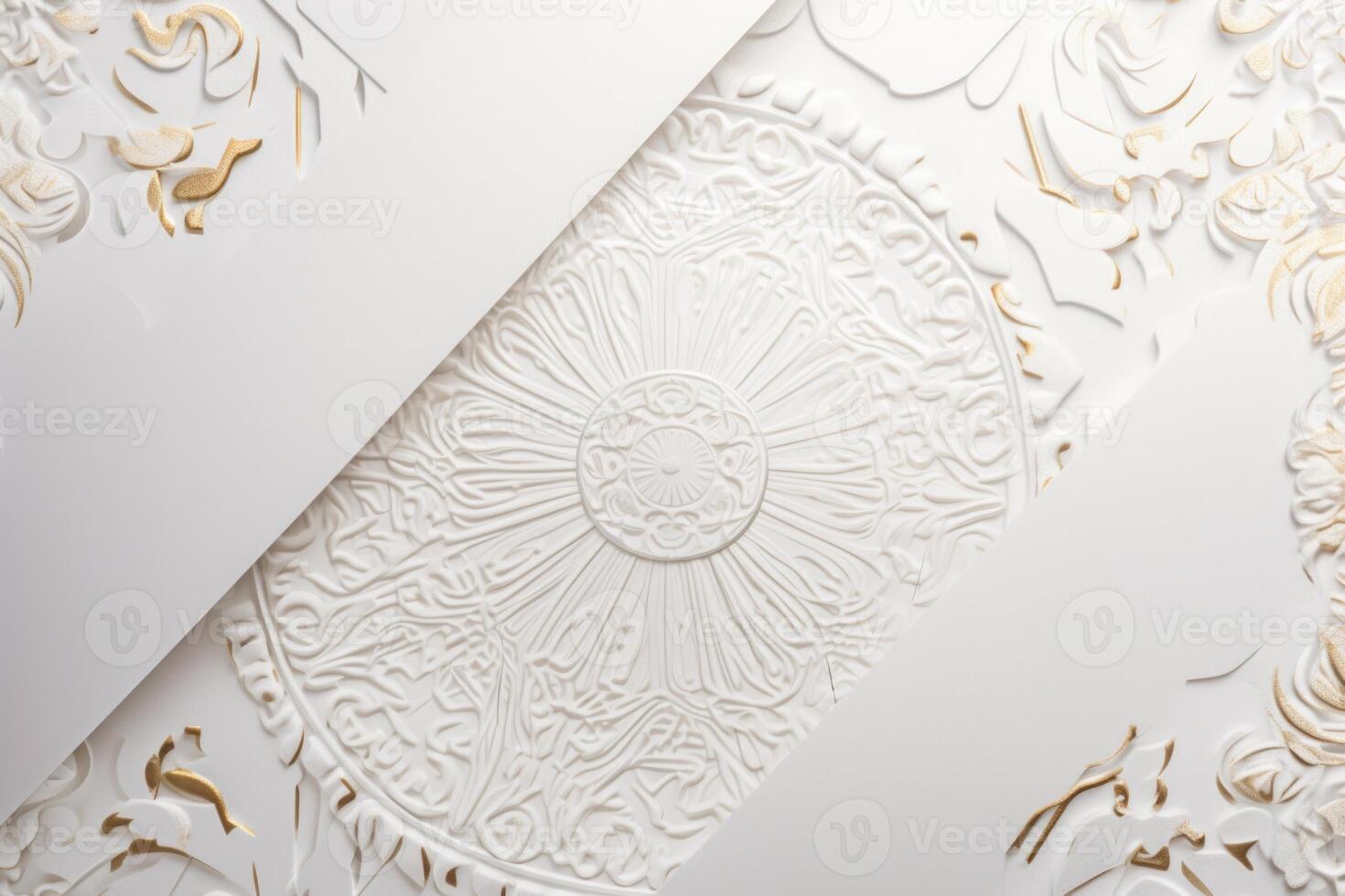 superiore Visualizza di bianca e d'oro lusso nozze invito carta, finto su modello per design o Prodotto posizionamento creato utilizzando generativo ai. foto
